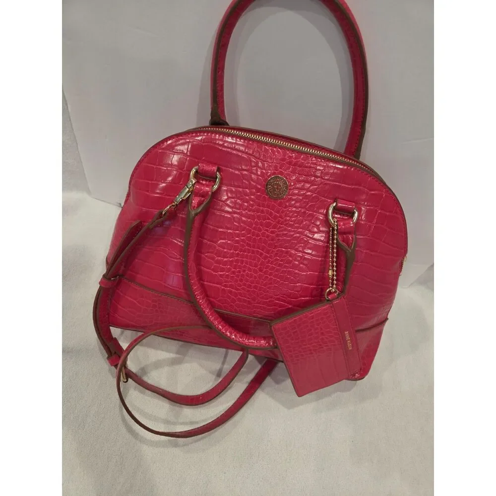 Anne Klein Pink Croc Embossed Dome Satchel Crossbody Purse Bag w Card Holder